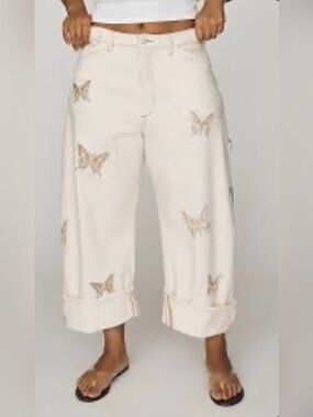 Anthropologie Cream Cropped Wide-Leg Jeans with Butterfly Embroidery